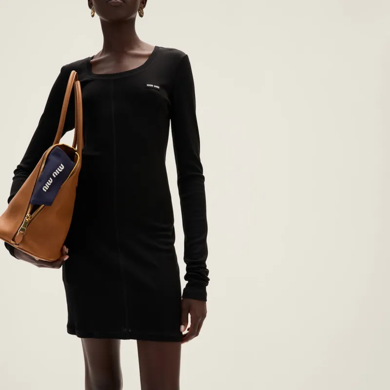 MIU MIU Logo Patch Long Sleeved Mini Dress-3
