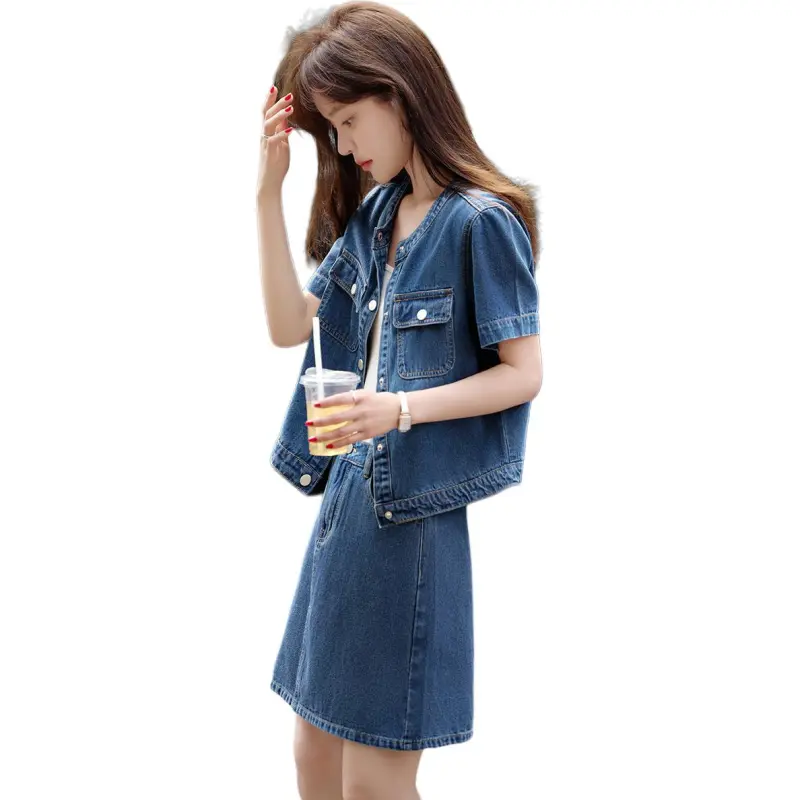Mo Han Yi Mei SS24 Skirt Set Women's Denim Blue-2