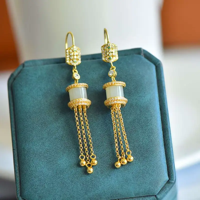 Grace Hetian Jade Earrings Pale Greenish White Jade Women's-5