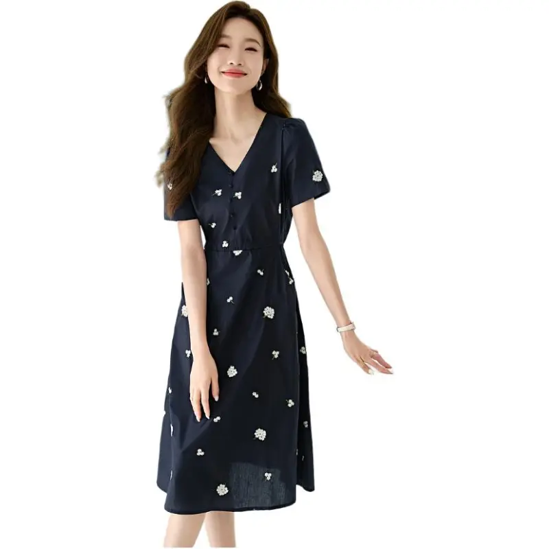 Mo Han Yi Mei Short Sleeved Dress Women's Navy Blue-2
