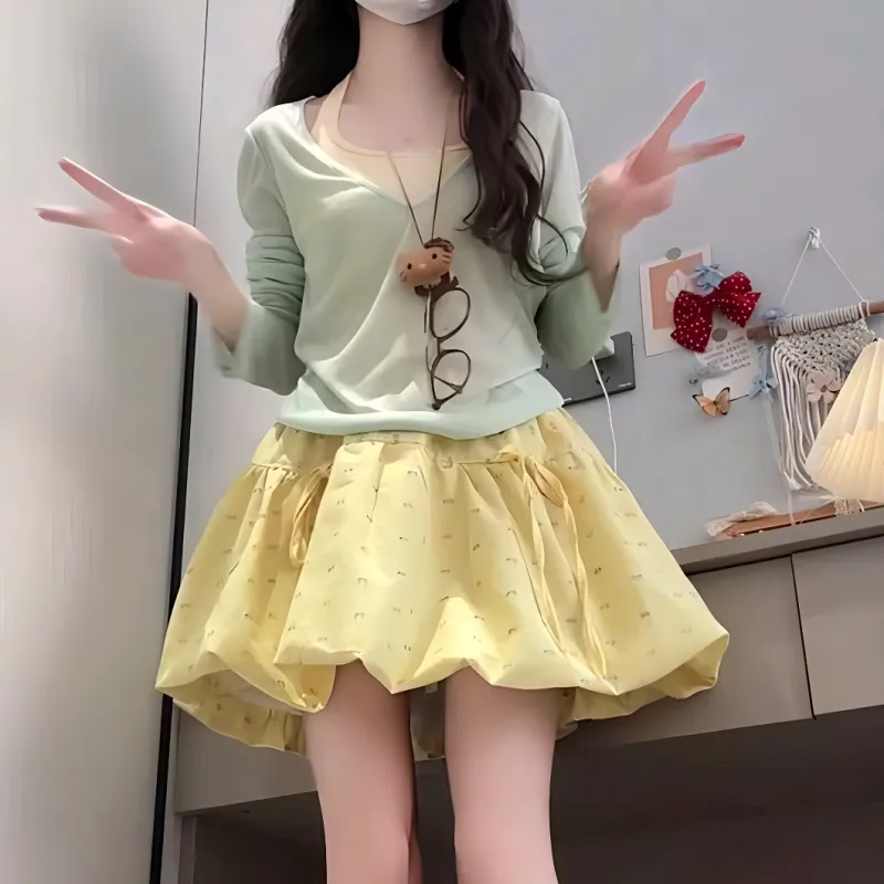 / Two Piece Skirt Sets Women's Image Color Tulip Skirt+Yellow Tank Top+Green Cover Up-2