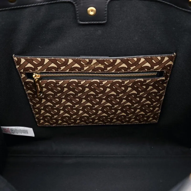 Burberry Leather Tote Shopping Bag One Shoulder Handbag Women's Black & Brown-4