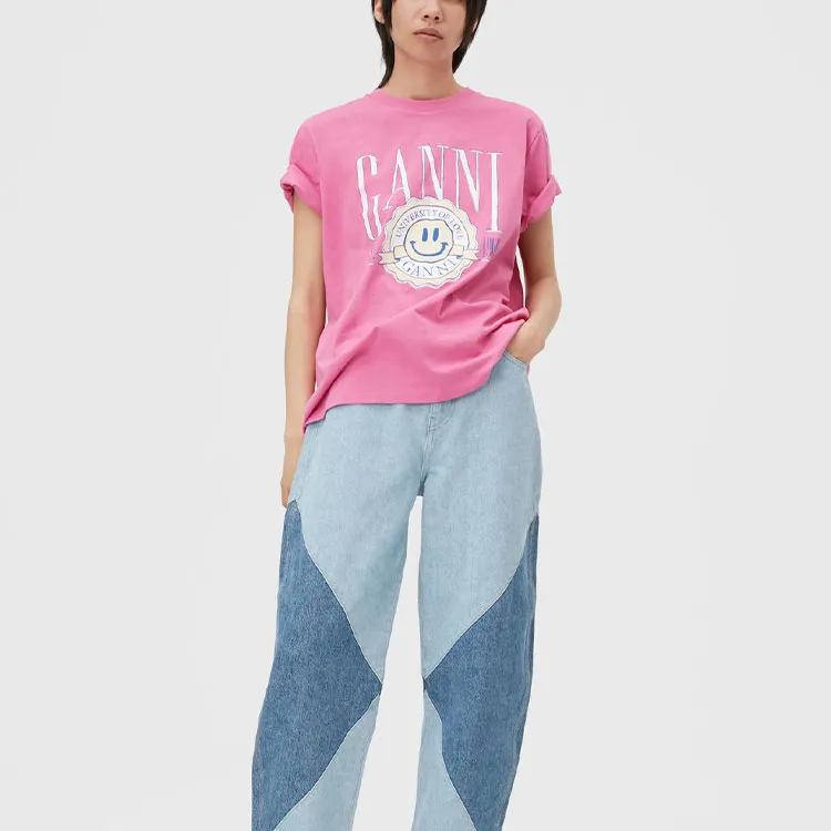 GANNI University Of Love Series Drop Shoulder Sleeve T Shirt Women's Pink-2