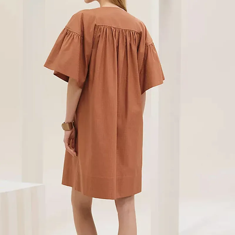 HERMES Short Sleeved Dress Women's Brown-1