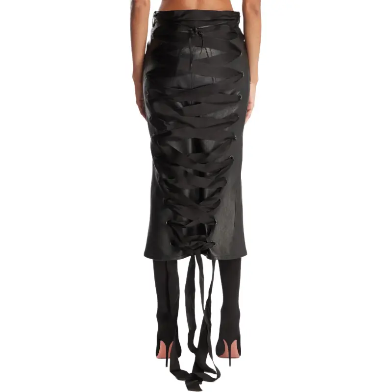 Balenciaga Leather Long Skirt Women's Black-3