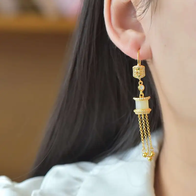 Grace Hetian Jade Earrings Pale Greenish White Jade Women's-6