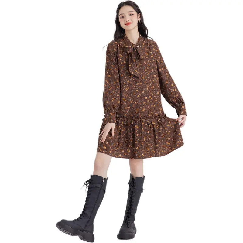 DEAR DEER PUFF Long-Sleeved Dresses Women's Brown-2