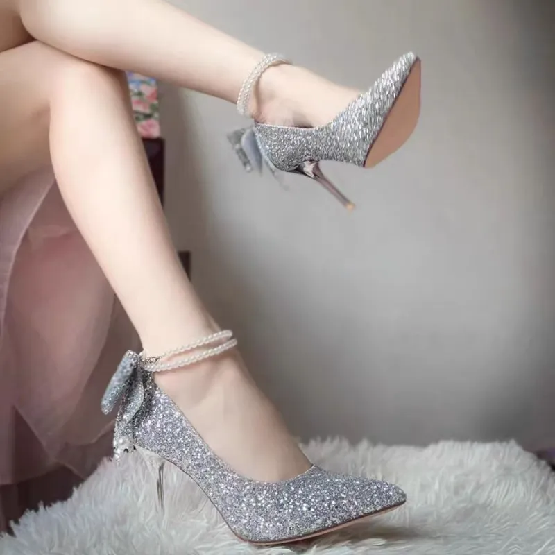 Crelinkxlat French Fairy Soft Princess Crystal Unlined Shoes Slim Heel High Heels Women's-14