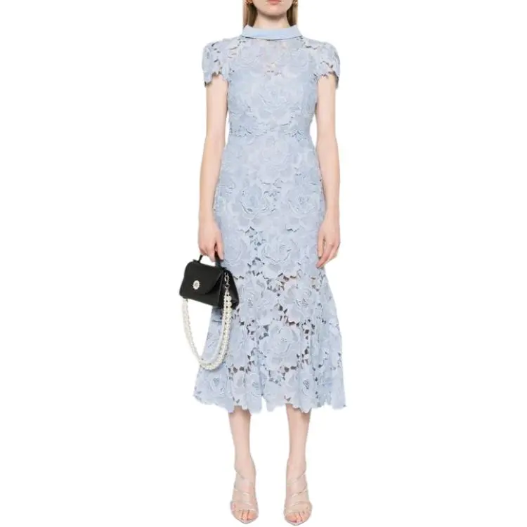 Self portrait Flower Lace Contrast Collar Midi Dress-2
