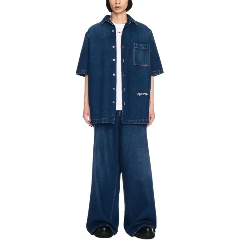 OFF WHITE Logo Embroidered Short Sleeved Denim Shirt-2