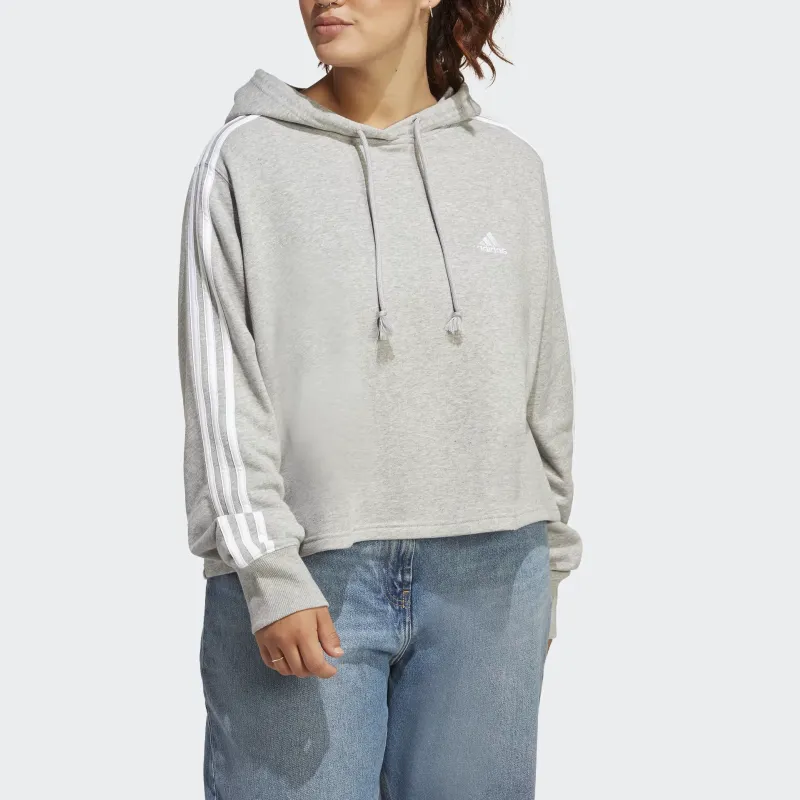 Adidas Essentials 3-Stripes French Terry Crop Hoodie Plus Size Sweatshirt Women's Gray-3