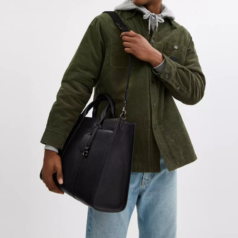 COACH Polished Litchi Grain Leather Tote Bag, Shopping Bag, Handbag Tubas Men's Black-4