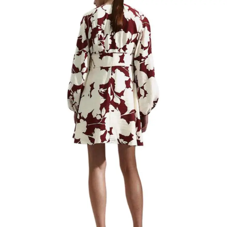 H&M Long-Sleeved Dresses Women's Deep Red/Cream Floral-3