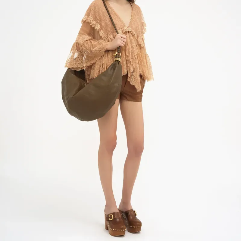 Chloe Grain Calfskin Handbag, Shoulder Bag Large Size Women's Dark Khaki-4