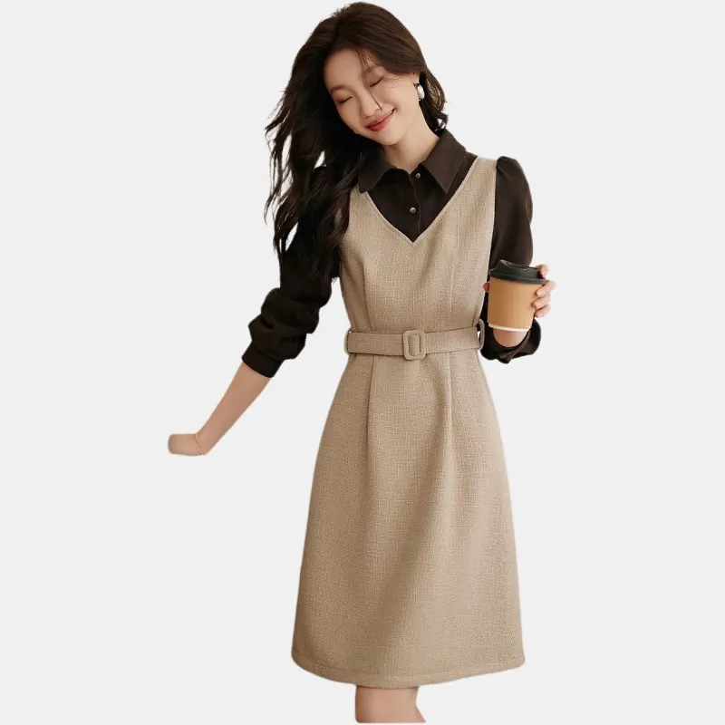 Mo Han Yi Mei Long Sleeved Dress Women's Apricot & Coffee-2