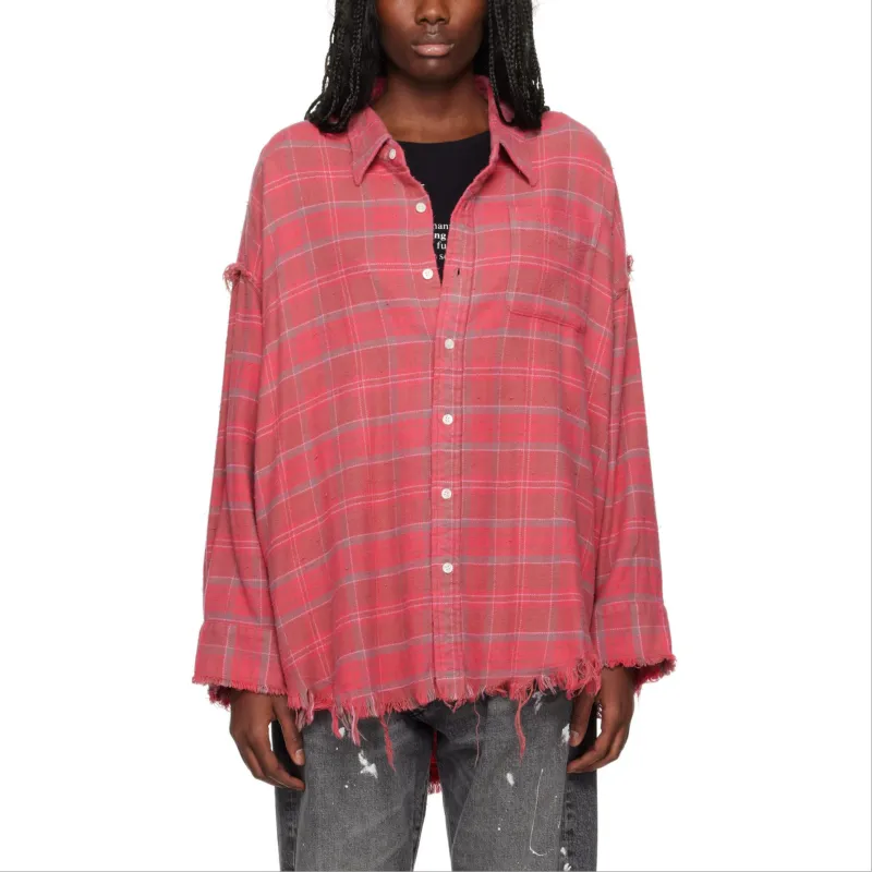 R13 Check Pattern Frayed Trim Distressed Shirt-1