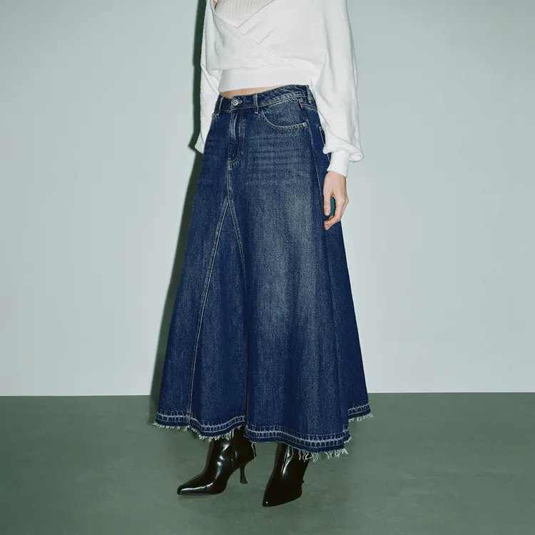 URBAN REVIVO Denim Long Skirt Women's Blue-2