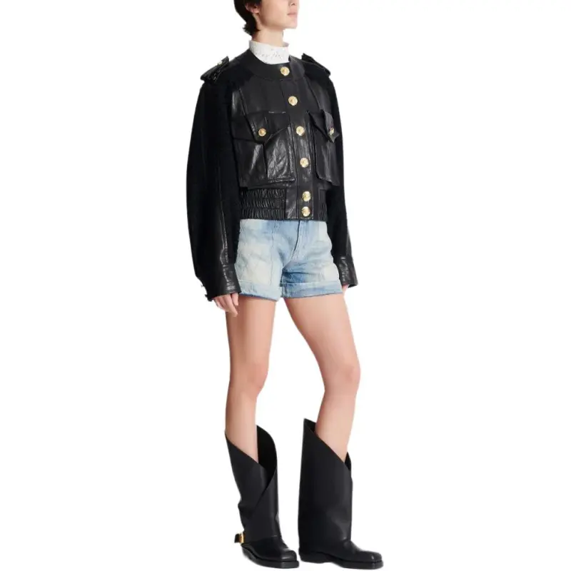 BALMAIN Tweed panel Leather Bomber Jacket-5
