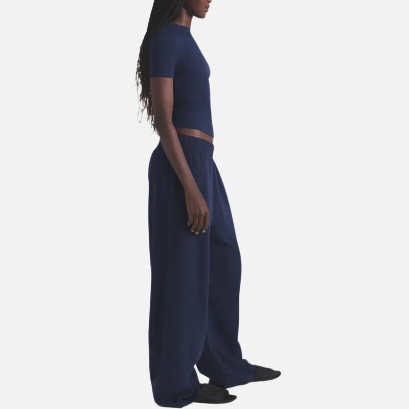 SKIMS SS25 COTTON JERSEY WIDE LEG PANT Casual Pants Women's NAVY/Marine Blue-3