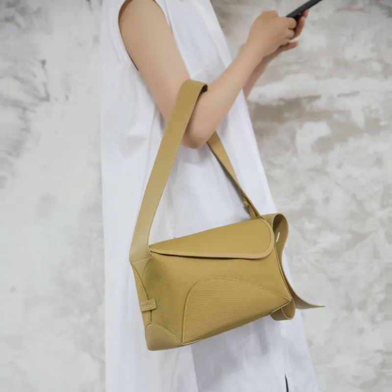 STAR TOWN Cow Split Leather Ribbon Bag Handbag Crossbody Bag Medium Size Women's Almond Yellow/Seaweed Green-3