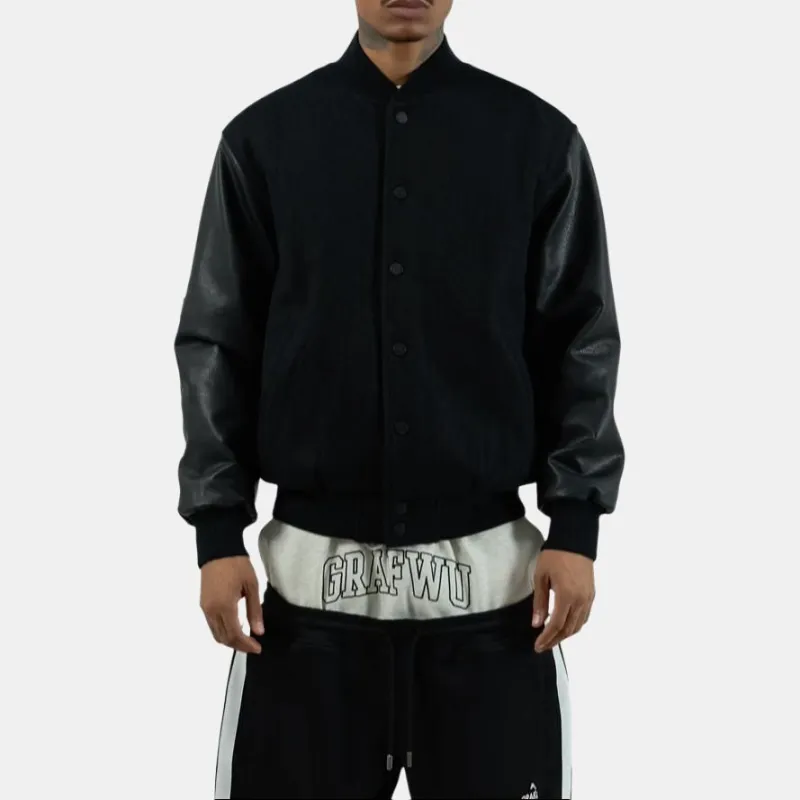 GRAF Jacket Men's HQHD Black Leather Sleeves Woolen Baseball Jackets-2