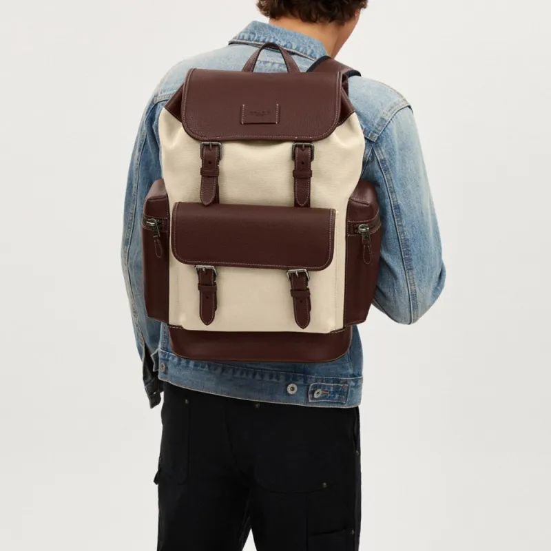 COACH Sprint Canvas With Refined Pebbled Leather Accents Backpack Large Size Men's Black & Natural Multicolor-3