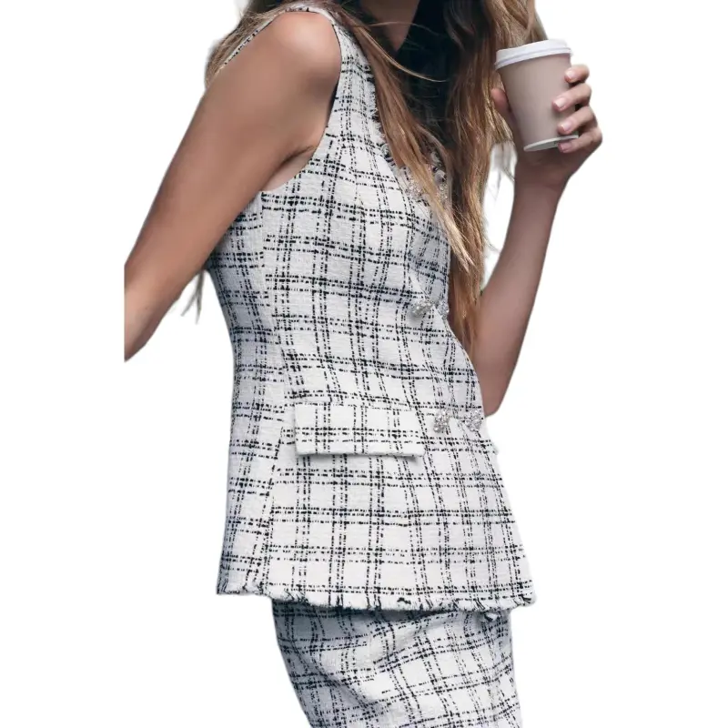 ZARA Vest Women's Black White Plaid-3