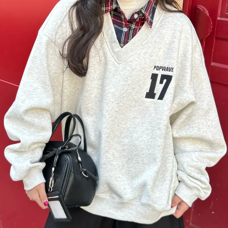 POPWAVE Sweatshirt Unisex V Neck Red Plaid Sweatshirt-2