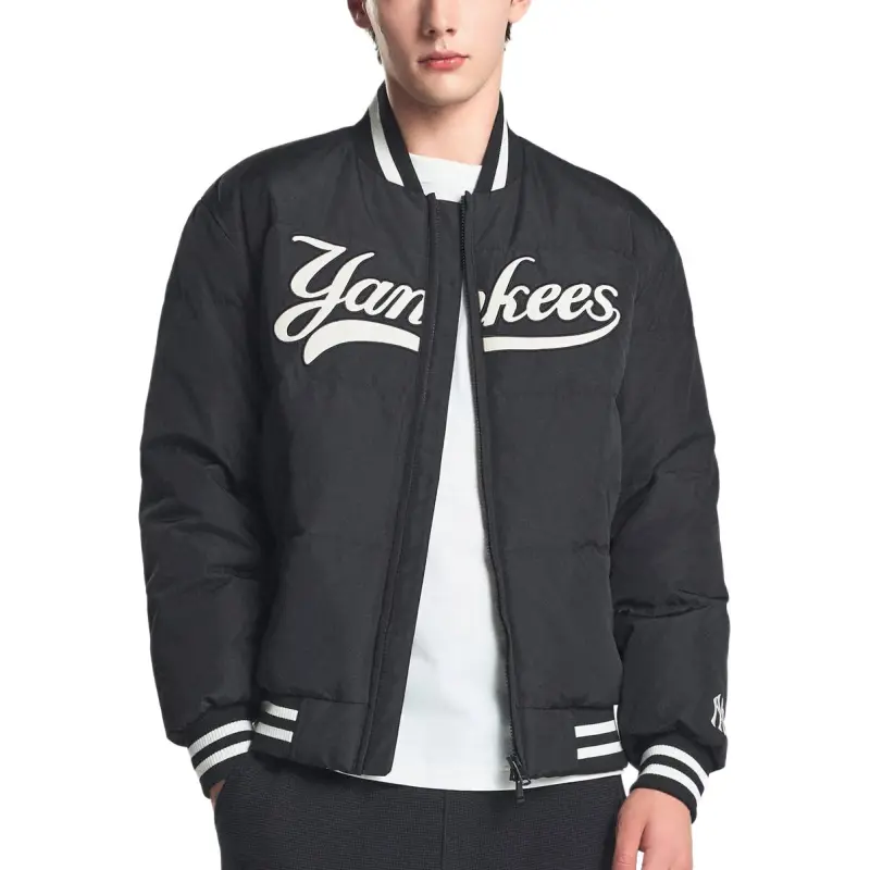 MLB Varsity Front Cursive Rib Mid Short Down Jkt Baseball Jacket Unisex Black-3