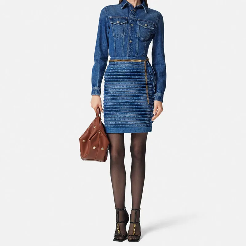 VERSACE High Waist Panel Detailed Denim Mini Skirt-3