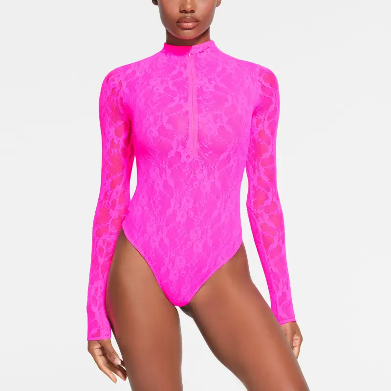SKIMS STRETCH LACE LINED LONG SLEEVE THONG BODYSUIT Bodysuits Women's NEON PINK/Neon Pink-1