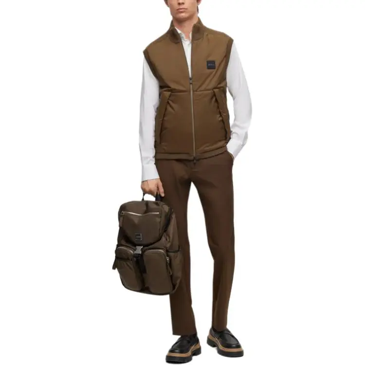 HUGO BOSS Regular Fit Gilet With Logo Patch Vest Men's Brown-1