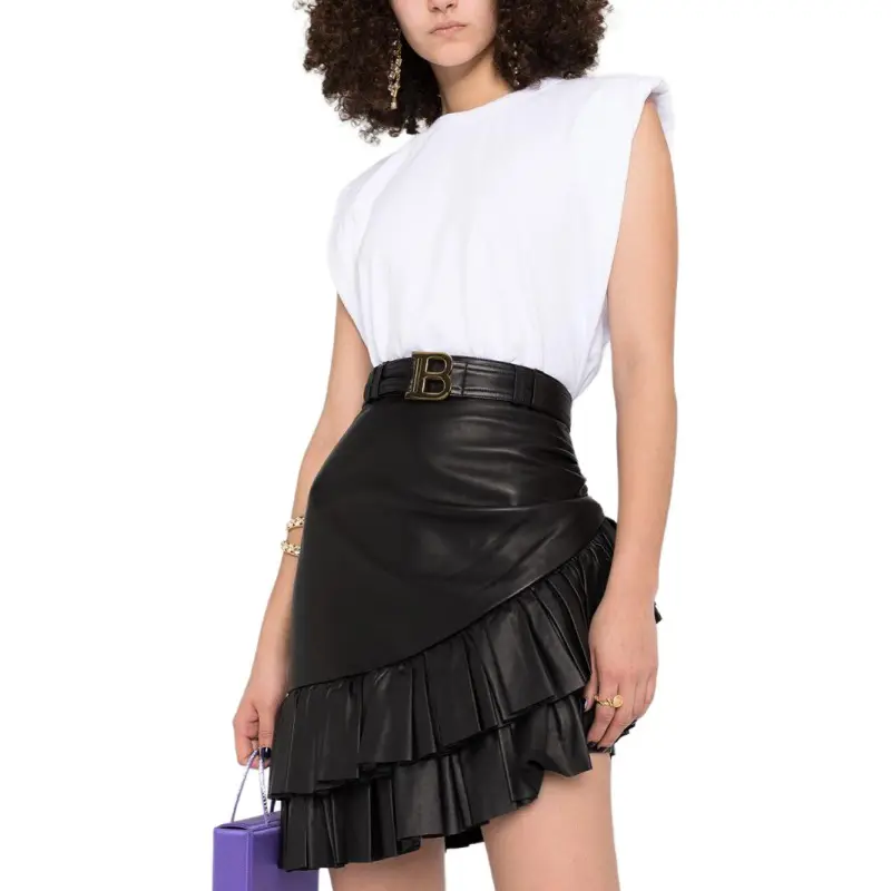 BALMAIN Short Asymmetric Ruffled Leather Skirt-1