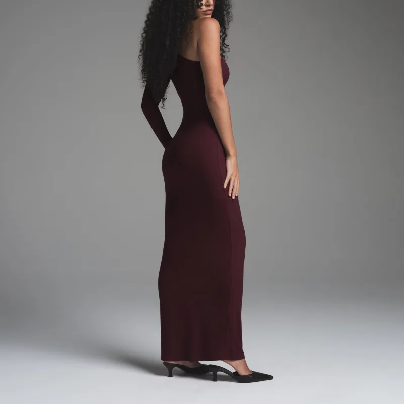 SKIMS FW24 SOFT LOUNGE ONE SHOULDER LONG DRESS Long Sleeved Dress Women's Bordeaux/Burgundy-2