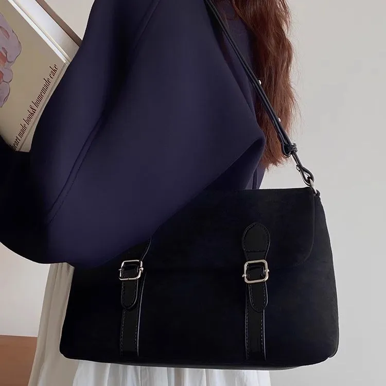 NOMK Suede Messenger Bag Shoulder Bag Crossbody Bag Women's Black & Khaki-2