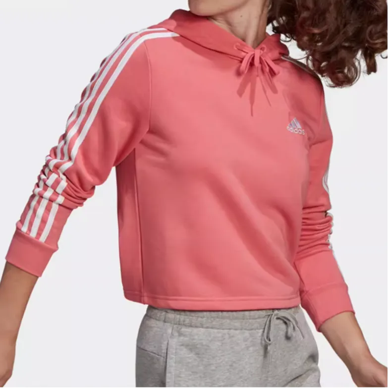 Adidas Essentials 3-Stripes Cropped Hoodie Sweatshirt Women's Pink-1
