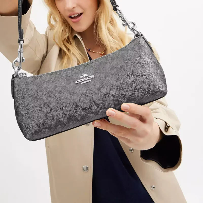 COACH Charlotte Coated Canvas Handbag Shoulder Bag Medium Size Women's Silver & Bronze Multicolor-3
