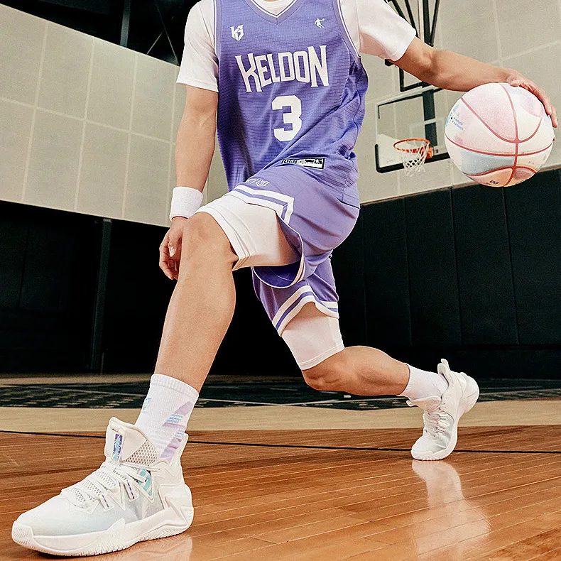 QIAODAN Cushioned Slip Resistant High Top Basketball Shoes Men's White Purple-1