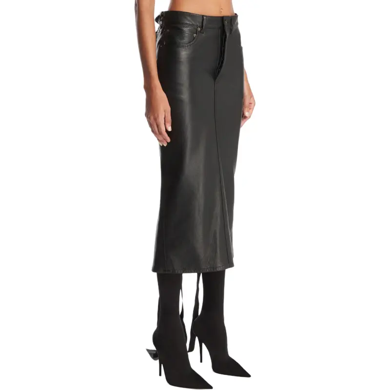 Balenciaga Leather Long Skirt Women's Black-5
