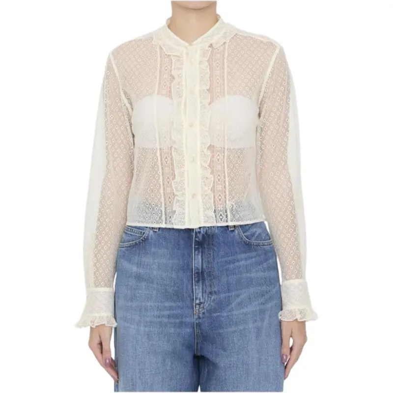 CELINE Romy Cropped Shirt In Lace And Cotton-2