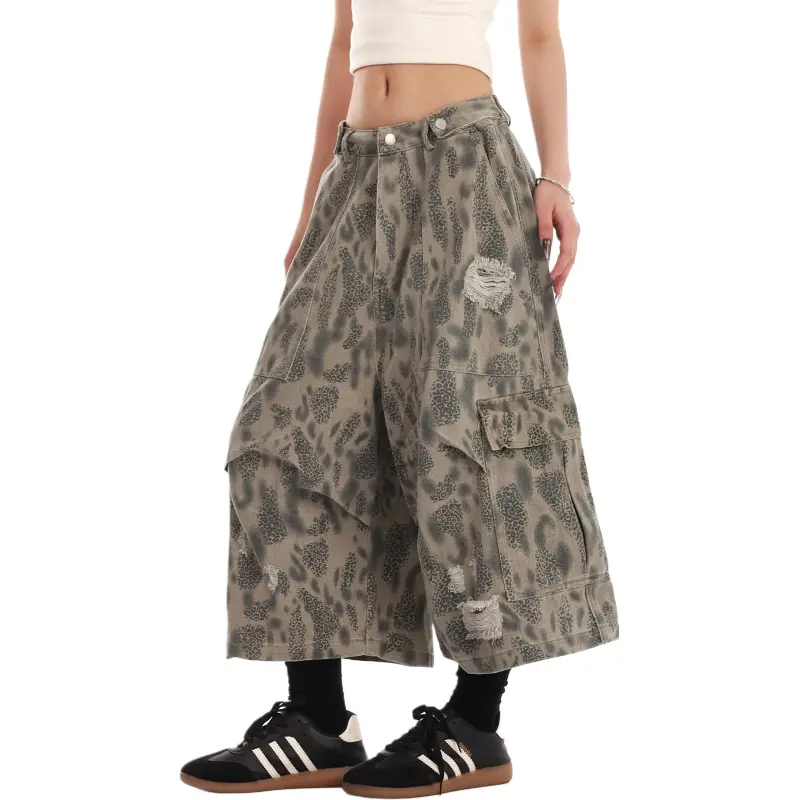 VINMUK Denim Shorts Unisex Leopard Print-5