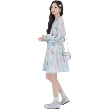 DEAR DEER PUFF Long Sleeved Dress Women's Blue Cropped