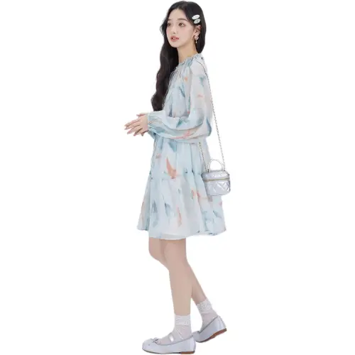 DEAR DEER PUFF Long Sleeved Dress Women's Blue Cropped