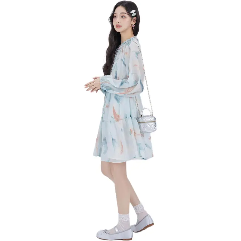 DEAR DEER PUFF Long Sleeved Dress Women's Blue Cropped-0