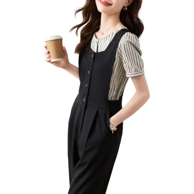 Mo Han Yi Mei Casual Suit Women's 2 Piece Set Black Stripes-3
