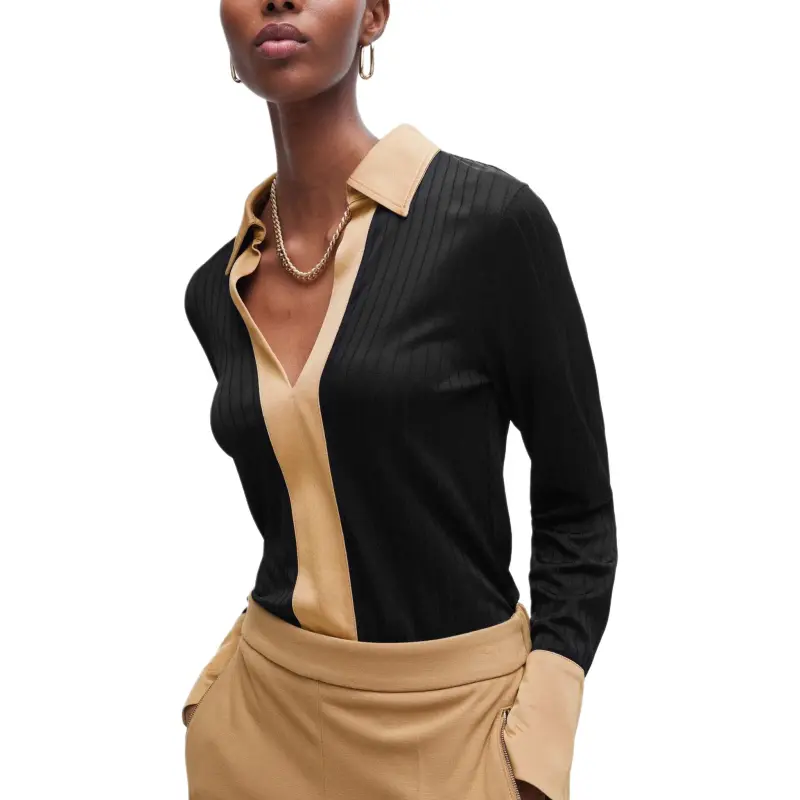 HUGO BOSS Ribbed Long-Sleeved Blouse With Johnny Collar Shirt Women's Black-4