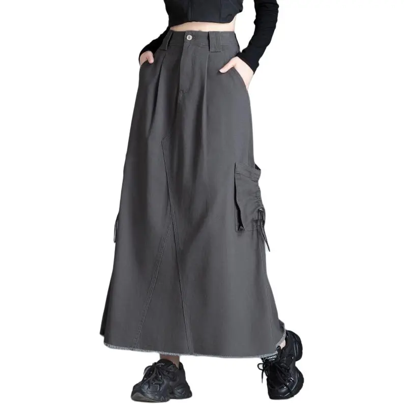 You Cow Me Pants Denim Long Skirt Women's Dark Gray-3