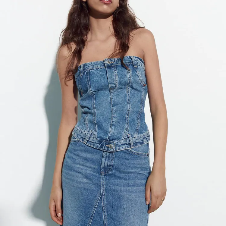 ZARA Strapless Top Women's Blue-3