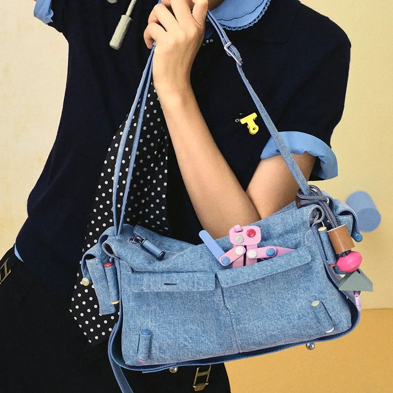 KUNOGIGI Fabric Crossbody Bag, Shoulder Bag Medium Size Women's Denim Blue-4