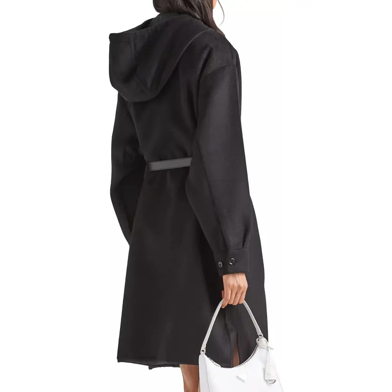 PRADA Logo Plaque Zipped Hooded Coat-3